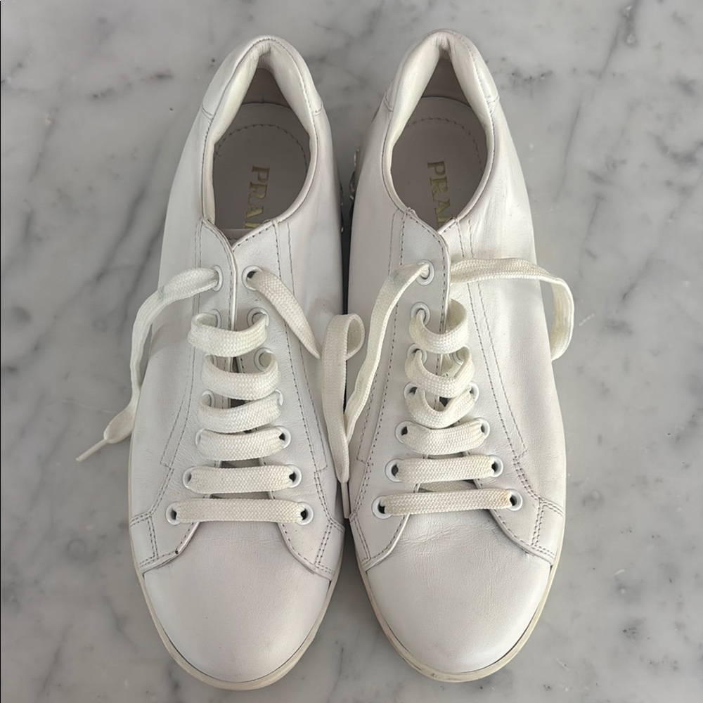 Prada Classic White Sneakers with Rhinestones